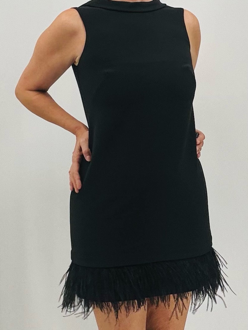 LOFT Ann Taylor Retro 60s Mod Mid Century Art Deco Feather Hem Black Shift Dress